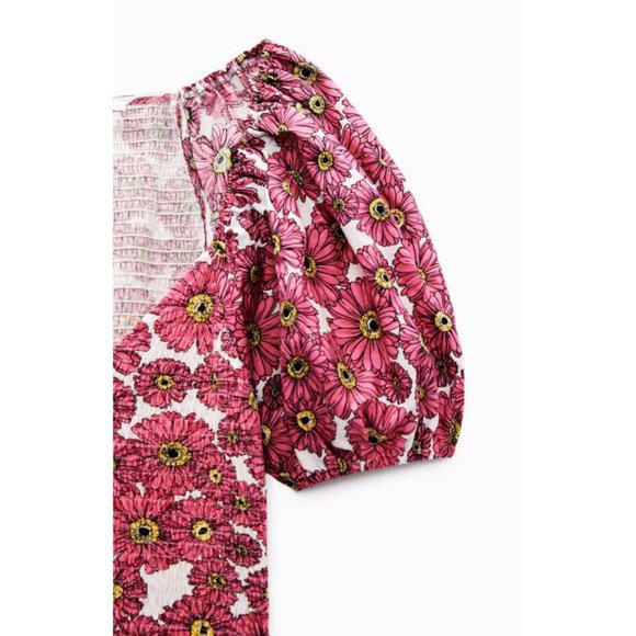 Zara Floral Balloon Sleeve Dress Smocked Puff Princess Pink Sweetheart Bust Mini - Picture 11 of 14